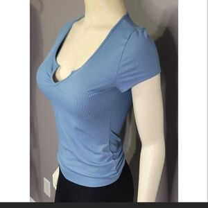 Blue V-Neck Ribbed Women's Top